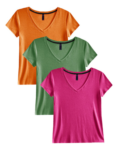 Kit 3 Blusas Blusinhas Feminina Babylook Algodão Gola V