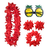Set De Gafas De Piña Hawaianas Rojas Con Tocado De Flores Y