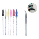 Kit Pestañas Cepillos Peines Cejas X6u + Pinza Acero Curva