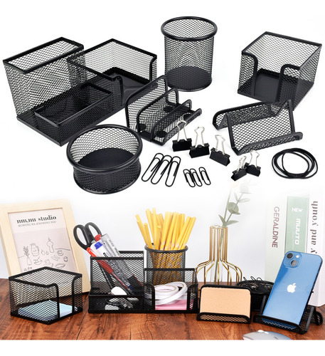 Set Organizador De Lápices Metálico De 6 Piezas + 240 Clips