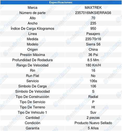 Par Llantas 235/70r16 106s Maxtrek Sierra S6