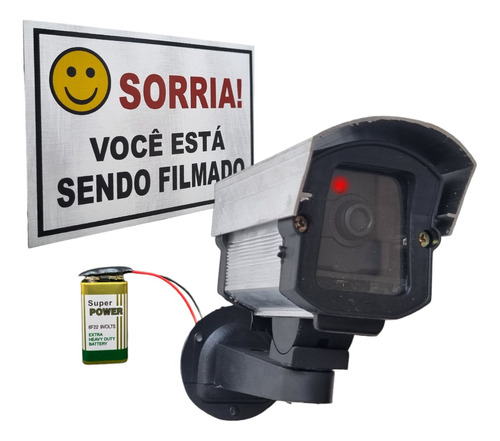 Câmera Segurança Falsa Infra Led S/ Fio Bateria Placa Sorria