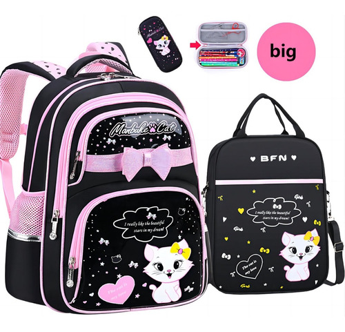 Kit De Mochila Para Niñas Estudiante Lindo Gato Bolsa De Escuela Bolsa De Almuerzo Caja De Lápices Juego De 3