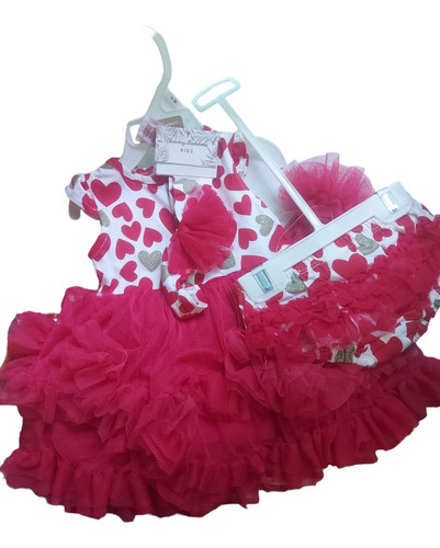 Set De 3 Pz Vestido Rojo Niña Bebé Corazón Tiara 3-6 Meses 