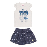 Conjunto Feminino Infantil Blusinha Gato C/ Short Saia Poá Bolinhas  Nº 1 Ao 3