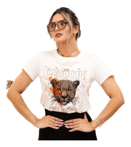 Blusa T-shirt Camiseta Feminina Estampada Leopardo Blogueira