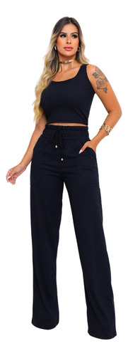 Conjunto Calça Pantalona E Cropped Canelado  Wide Leg