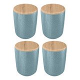 4x Porta Algodão Cotonete Ou Ceramica Azul C/ Tampa Bambu