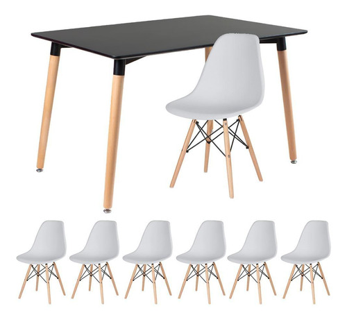 Mesa De Jantar Eames 80x120cm Preto + 6 Cadeiras Cinza