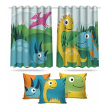 Cortina Infantil Dinossauro Cute + 3 Capas Almofadas 2,6x1,5