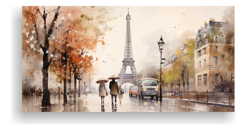 80x40cm Cuadro Pareja Caminando Junto A La Torre Eiffel