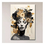 Quadro  Sala Beleza Mulher Flores Dourado Decorativo 