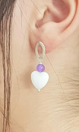 Aros Jade Lavanda Bolitas 6mm Y Corazóncito  Agata Plata 925