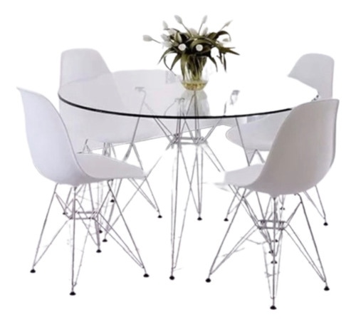 Mesa Redonda Vidrio Eiffel +4 Silla Eames Dsr Alto Impacto P