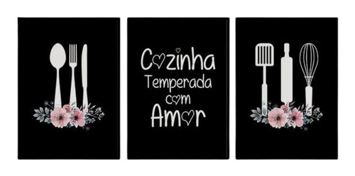 Quadro Decorativo Cozinha Temperada Com Amor 3 Peças 20x30cm