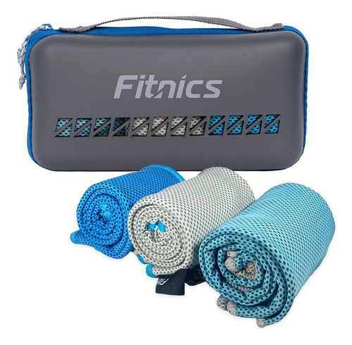 Toalla Microfibra Set De 3 Fitnics 100x30 Ejercicio +estuche Color Azul/gris