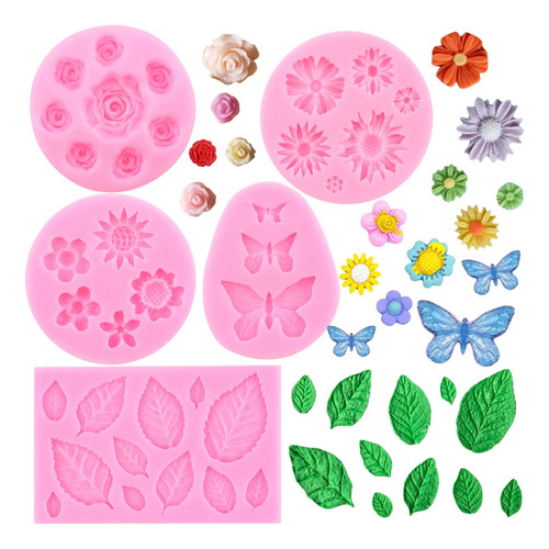 5pcs Molde Silicona Flor De Rosa Margarita Mariposa Fondant