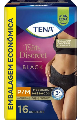 Calcinha Descartável Tena Pants Black Discreet Feminina Tamanho P/m