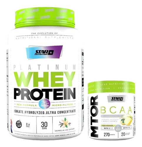 Proteina Whey Star Nutrition 2 Lb + Mtor 270 Gr Sabor Vanilla Ice Cream + Green Lemonade