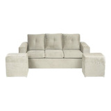 Sofá 3 Cuerpos Con 2 Pouf Felpa Beige / Muebles América