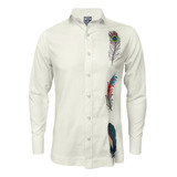 Camisa Guayabera Color Marfil En Lino Bordada Con Plumas