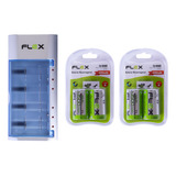 Kit Carregador De Bateria Mox Bivolt + 4 Bat Tipo D Flex