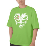 Camiseta Oversized Ombro Caido Estampa Skeleton Heart Grunge