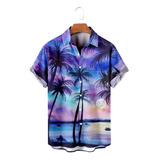 Camisa Hawaiana Unisex Azul Con Diseño De Árbol Y Puesta De