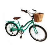 Bicicleta Aro 24 Retrô Vintage Feminina Com Cesta Vime Verde