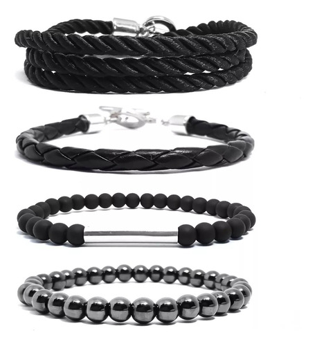 Kit 4 Pulseiras Masculinas De Couro Corda Hematita Bolinhas