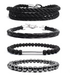 Kit 4 Pulseiras Masculinas De Couro Corda Hematita Bolinhas