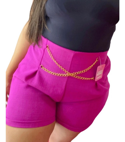 Novidade Short Feminino Alfaiataria Com Correntes Em Linho