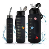 Botella Bote Vaso Envase 2 Duo Motivacional Agua Popote Gym Color Negro 3 En 1