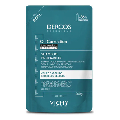 Refil Shampoo Purificante para Cabelos Oleosos Limpeza Profunda sem Ressecar os Fios Fórmula com Ácido Salicílico e Zinco PCA Oil-Correction Vichy Dercos 200g | Parcelamento sem juros