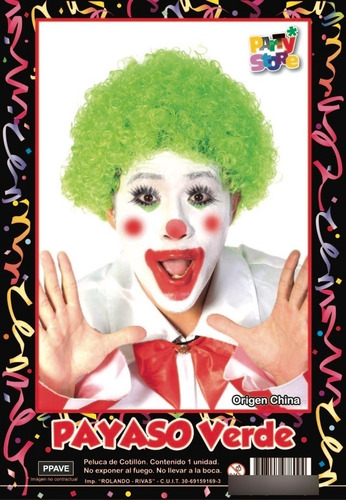 Peluca Payaso Afro Corto Verde Rulos Halloween Cotillon Pave