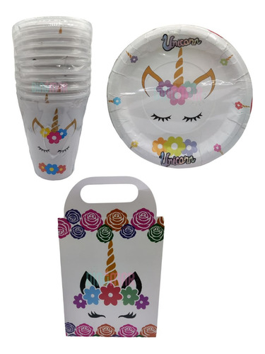 Unicornio. Kit Para 10 Niños. Platos, Vasos, Caja Dulcero