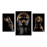 Quadro Decorativo Mulheres África Maquiagem Dourada 3 Telas