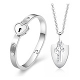 Conjunto De Colar De Pulseira De Prata Casal Love Heart Lock