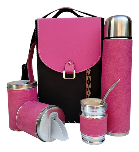 Set Matero Completo Morral 2 Manijas Rosa Y Negro Termo 1 L 