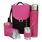 Set Matero Completo Morral 2 Manijas Rosa Y Negro Termo 1 L 