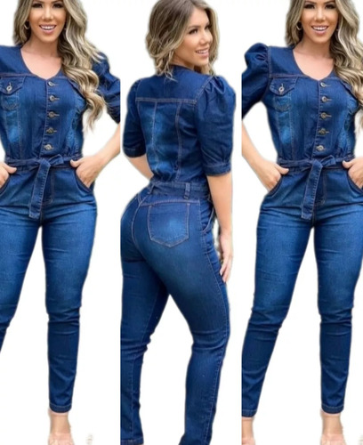 Macacão Macaquinhos Jeans Femininos Plus Size Bolsinho 3/4