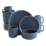 Gibson Home Zuma 127342.16r - Juego De Vajilla Redonda De Cocina De 16 Piezas, Platos, Tazones, Tazas, Servicio Para 4, Gres Mate, Azul Cobalto