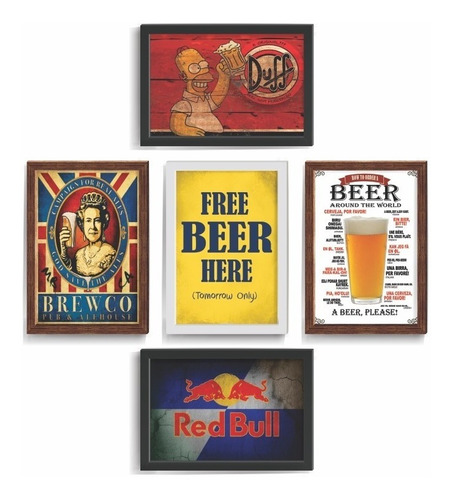 Kit 5 Quadros Decorativos Vintage Cidade Retro Bar Cerveja