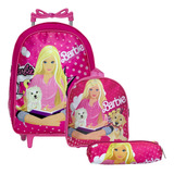 Kit Mochila Feminina Grande Barbie Pets Rodinha Creche Rosa