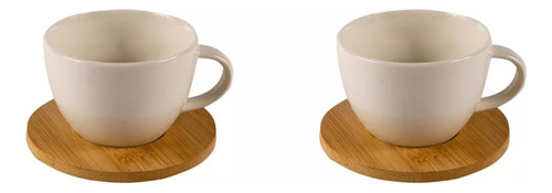 Set X 2 Taza Té Tacita Cuenco Porcelana Con Plato Madera