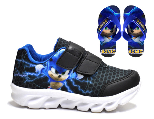 Tênis Masculino Infantil Sonic De Led + Chinelo Barato Macio