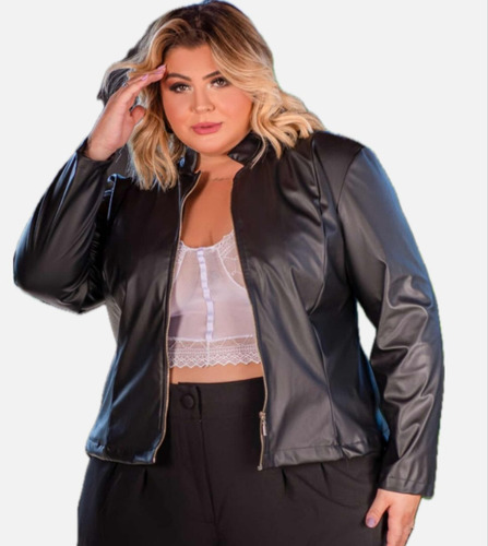 Jaqueta Plus Size Couro Fake Ziper Estilosa Moda Inverno 