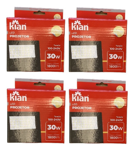 Kit Com 4x Refletores Kian 30w 3000k Luz Branco Quente