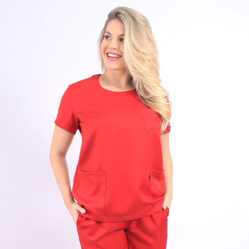  Pijama Cirúrgico Gola Redonda Scrub Feminino - Vermelho