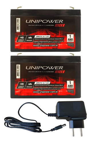 2 Bateria Unipower 6v 7,2a Carregador 6v 800mah Plug Pino P4